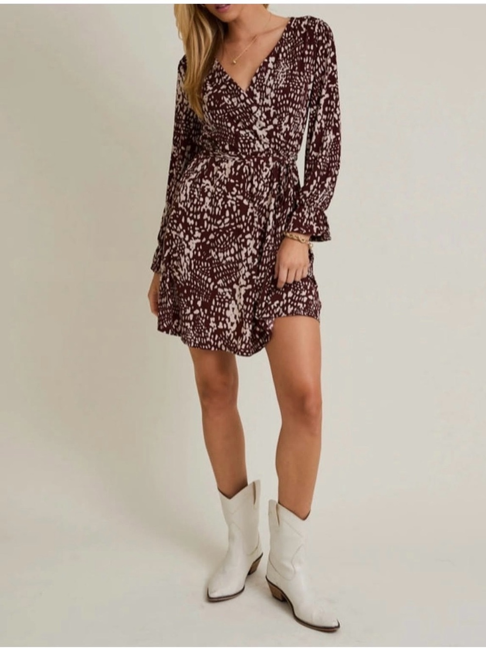 Gilli Brown and Cream Printed Wrap Mini Dress